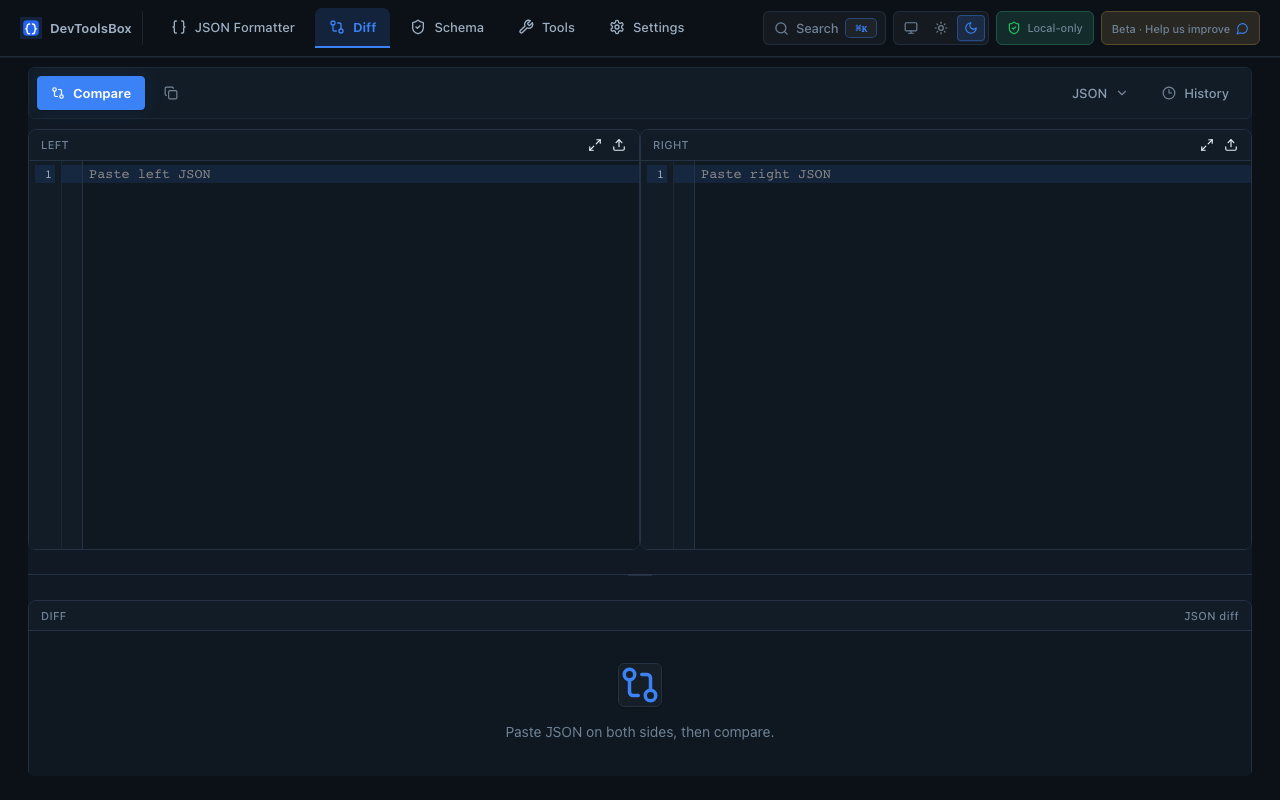 RavionX Tools Diff comparing two JSON payloads side by side with highlighted changes